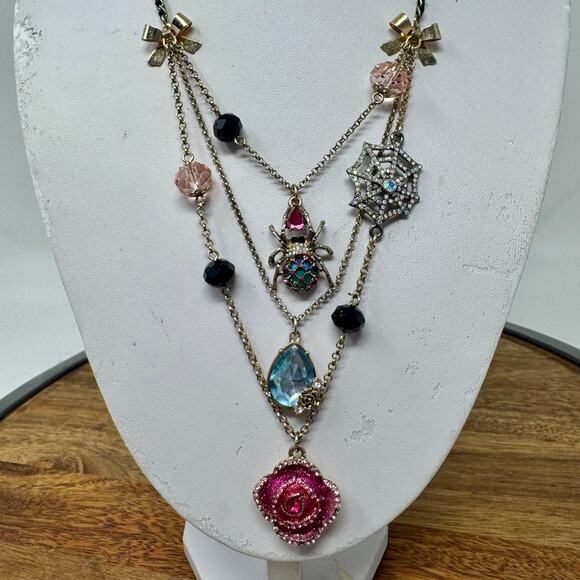 Betsey Johnson Layered Necklace Spider, Web, Rose - Picture 2 of 4